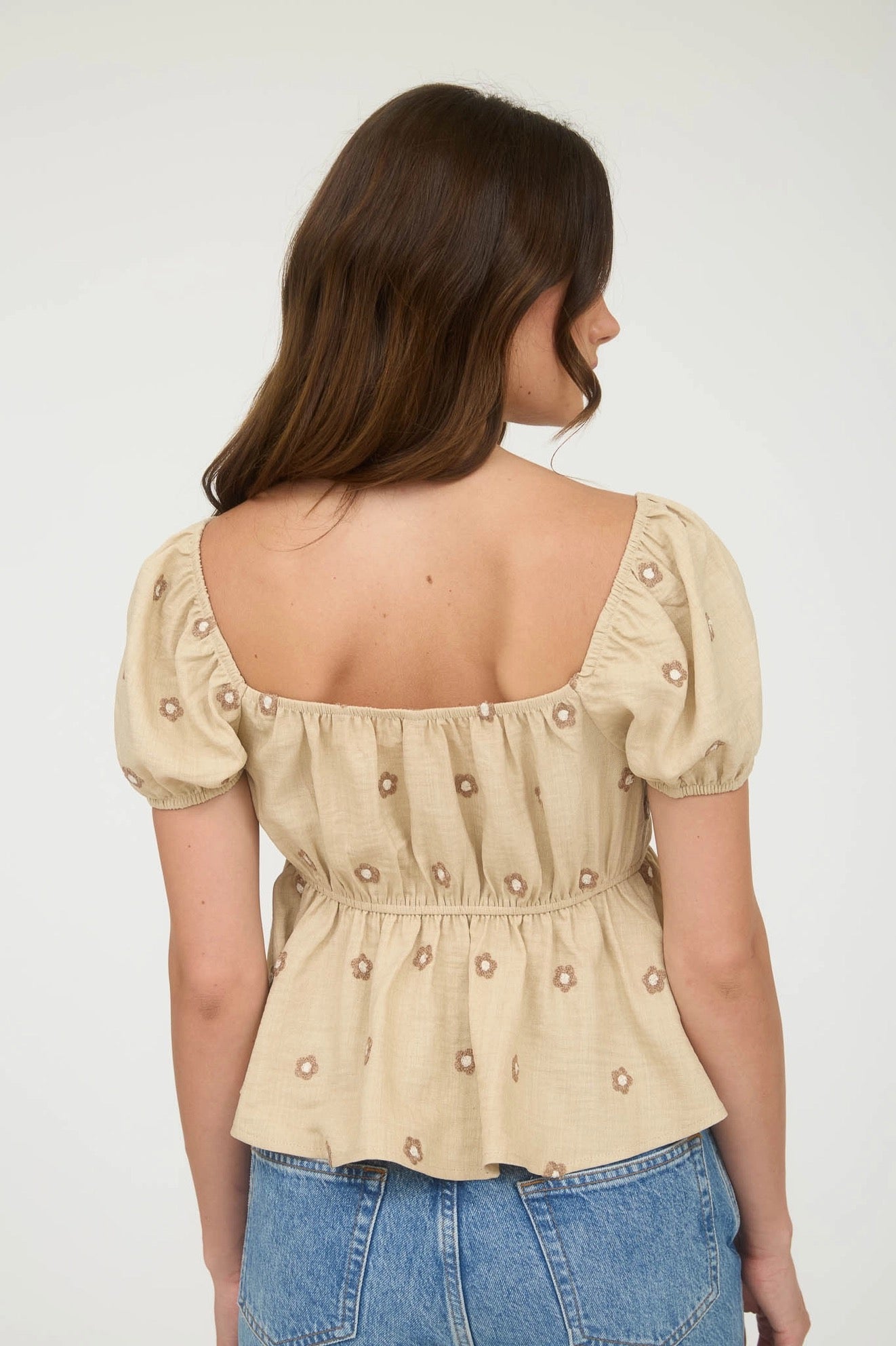 Embroidered Daisy Puff Sleeve Top