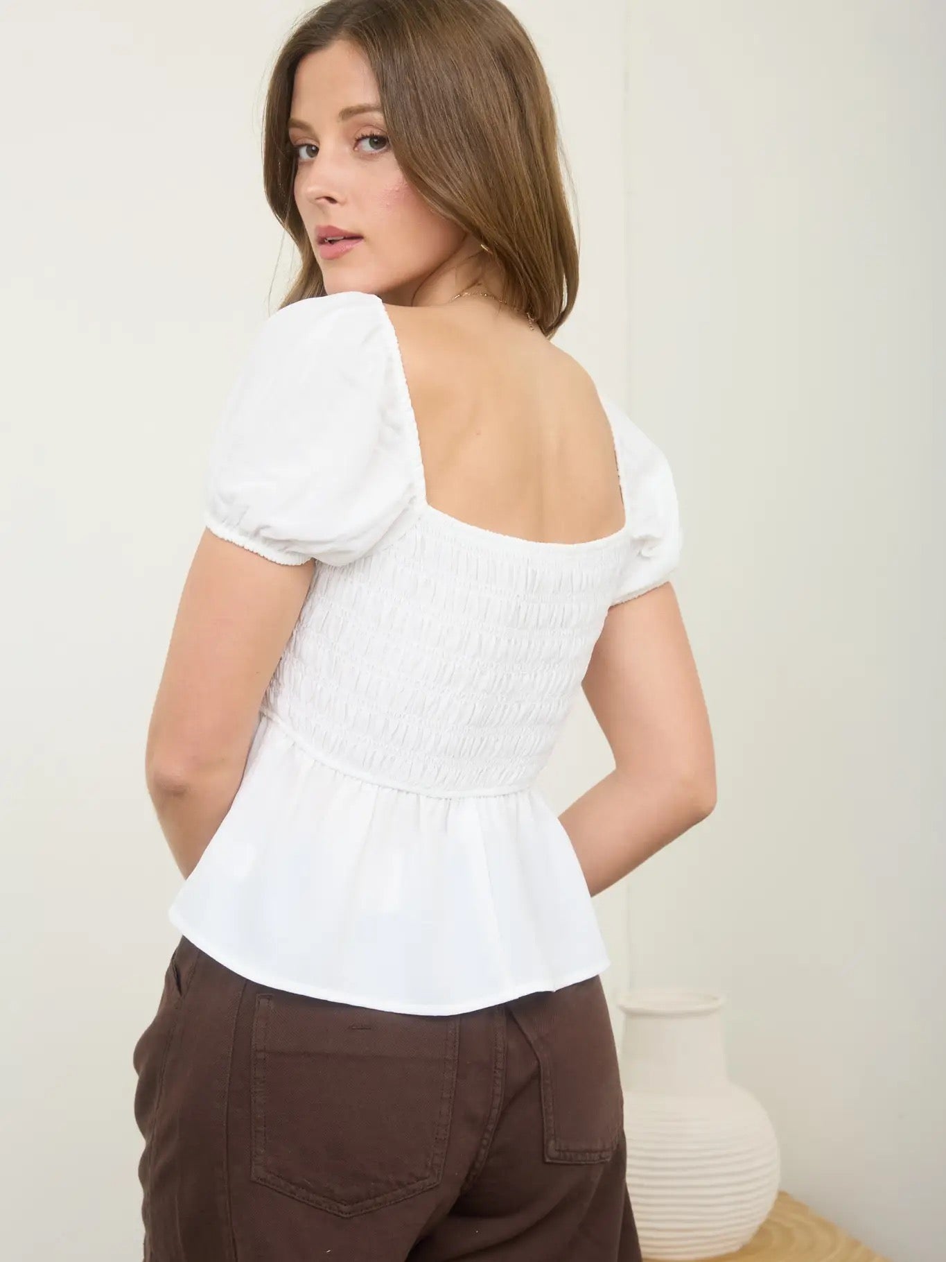 White Front Tie Puff Sleeve Smocked Top