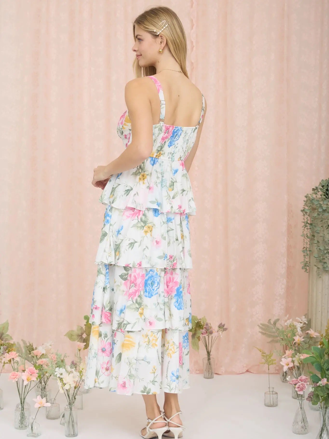 Floral Sleeveless Ruffle Tiered Skirt Midi Dress