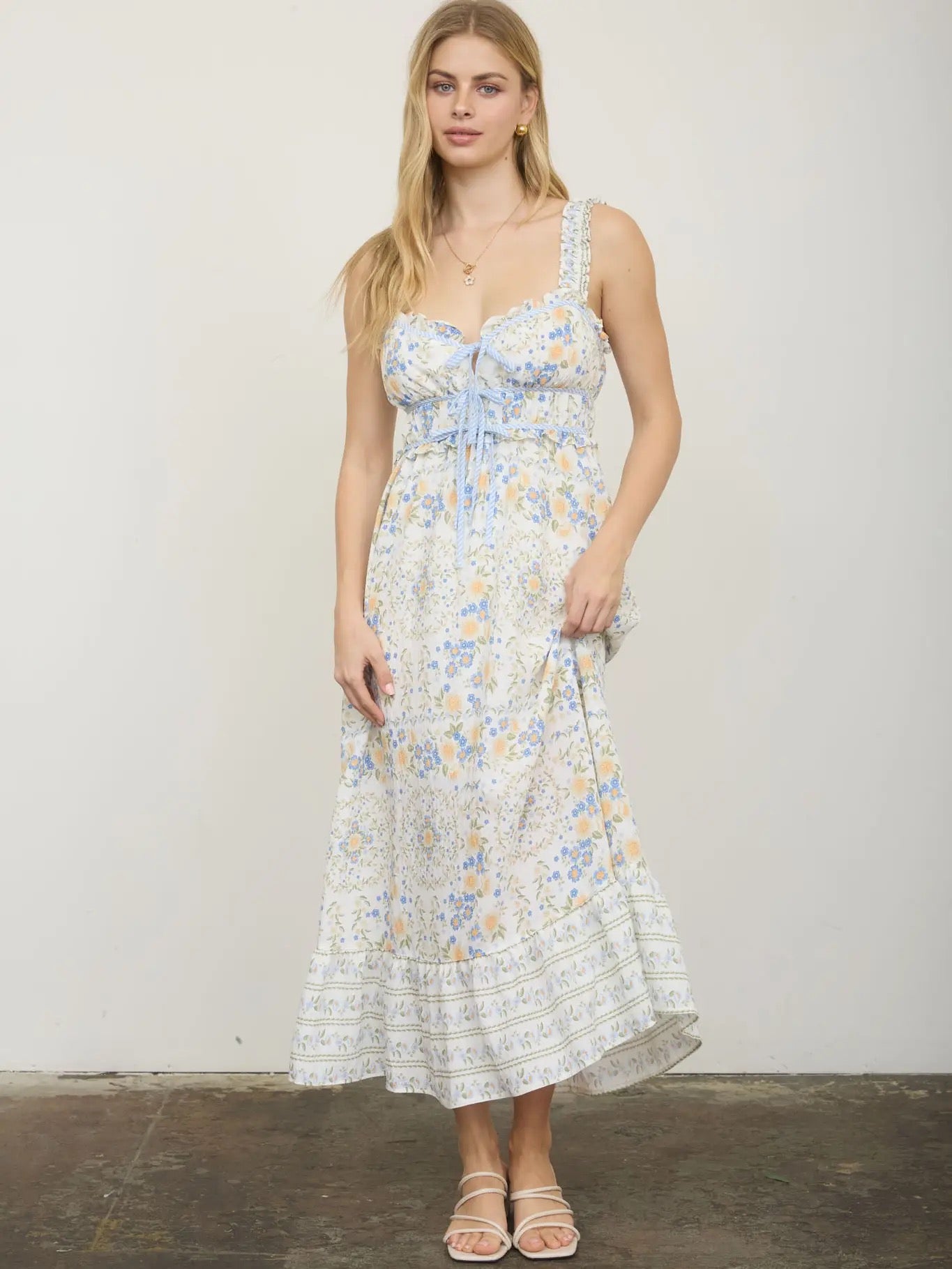 Blue Floral Ruffle Hem Sleeveless Midi Dress