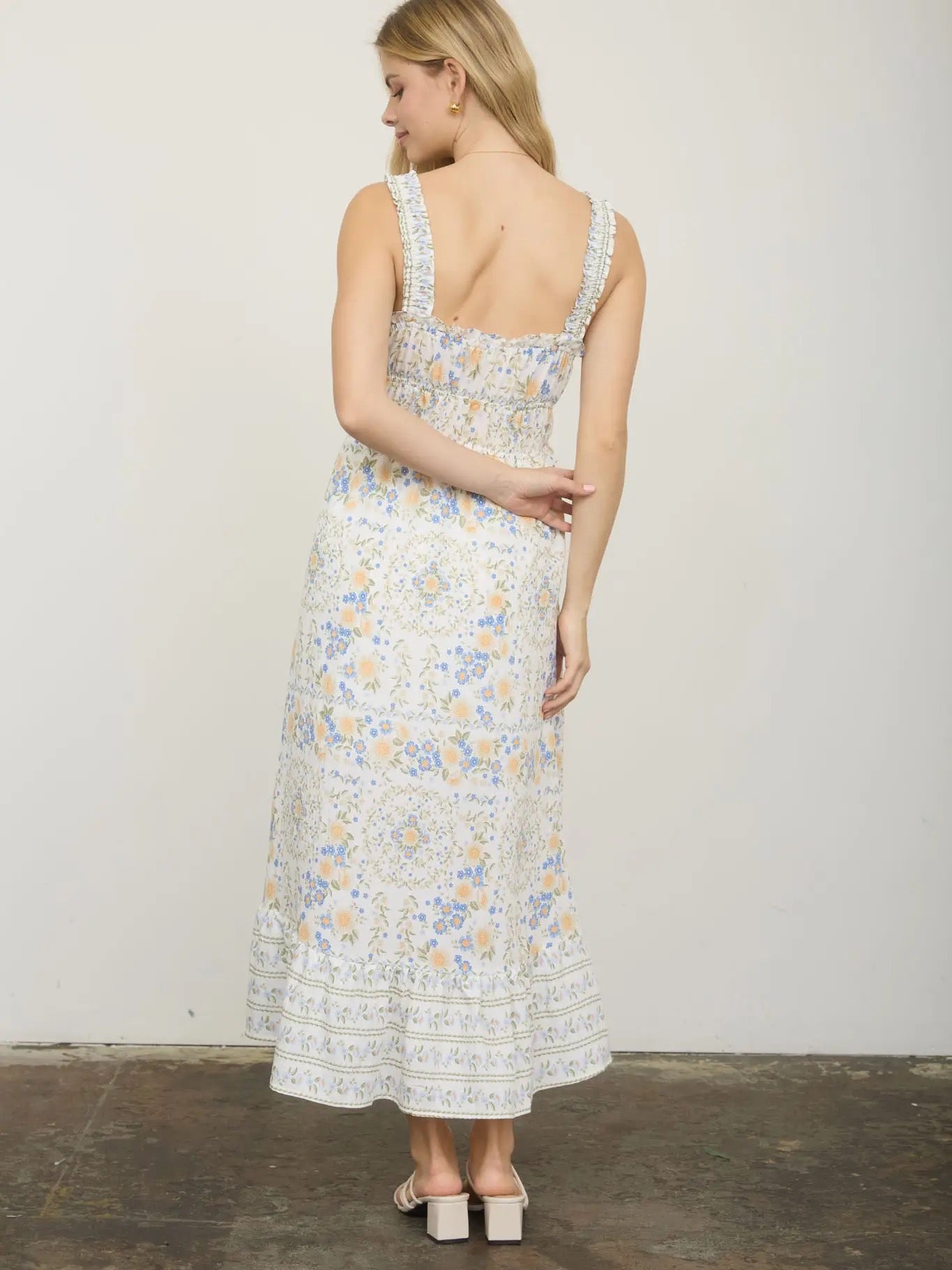 Blue Floral Ruffle Hem Sleeveless Midi Dress