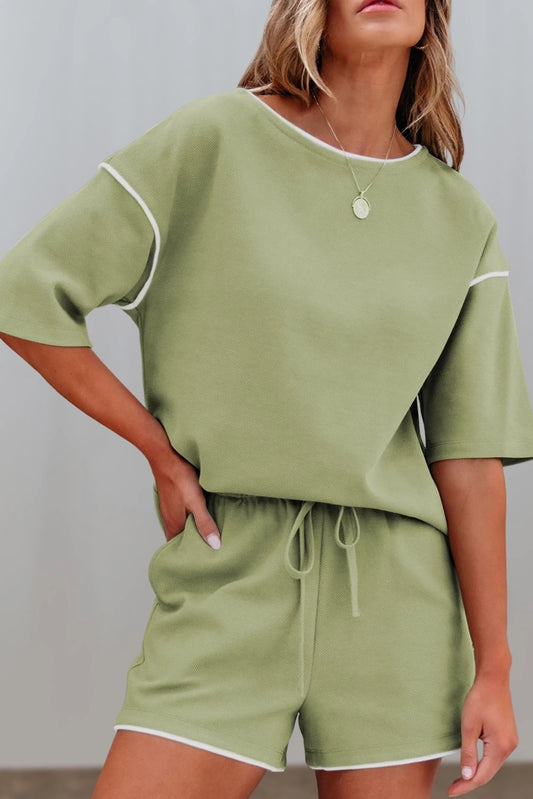 Green Contrast Seam Loose Tee & Short Set