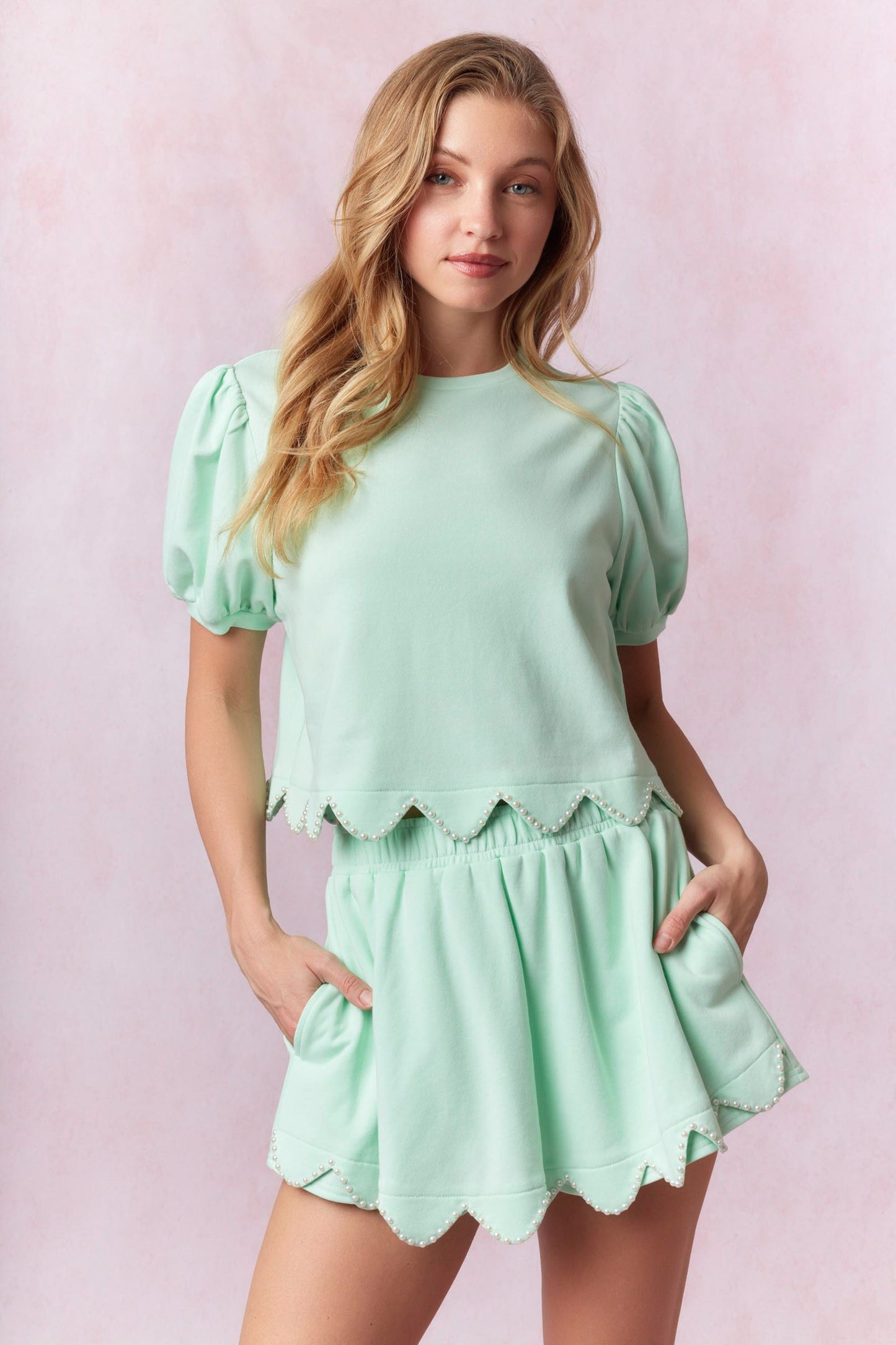 Mint Scallop Terry Short Set with Pearl Accent