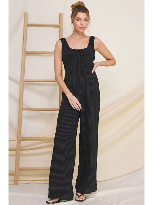 Black Stripe Sleeveless Milkmaid Jumpsuit