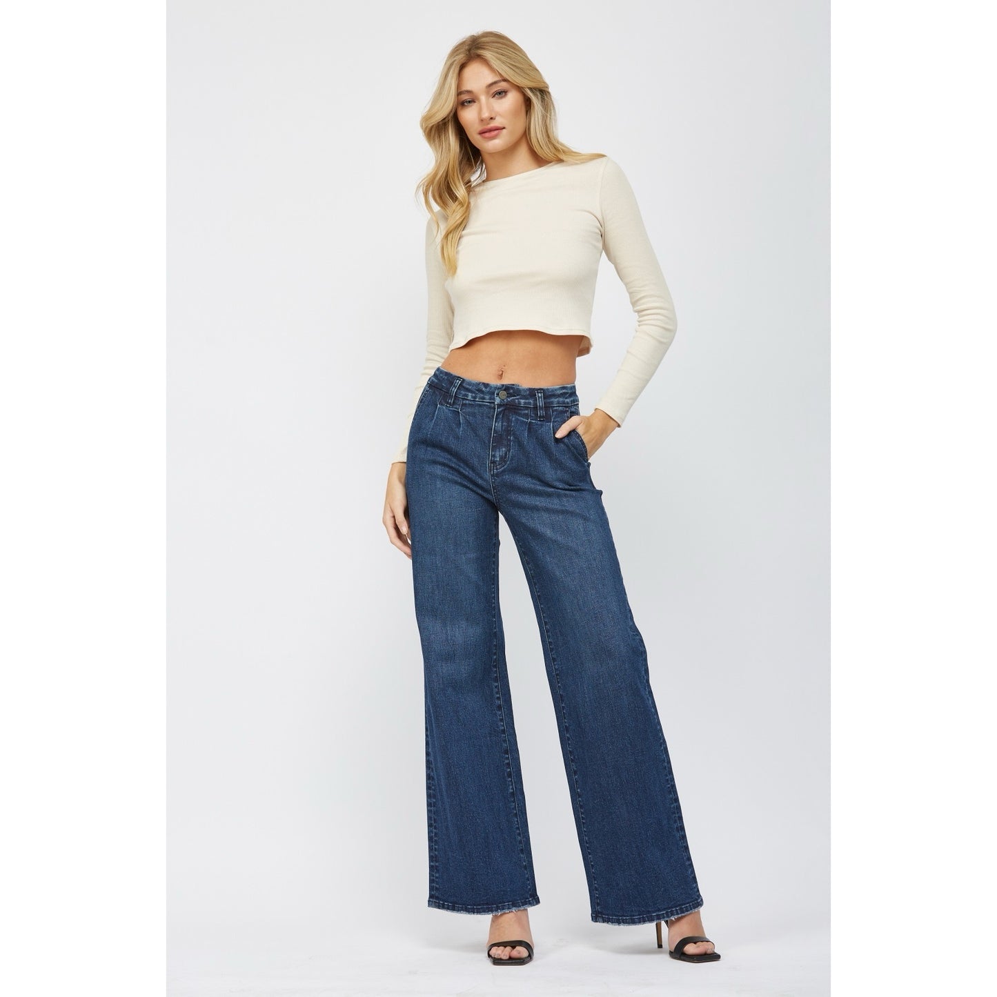 Mica Dark Wash High Rise Pleated Wide Leg Jeans