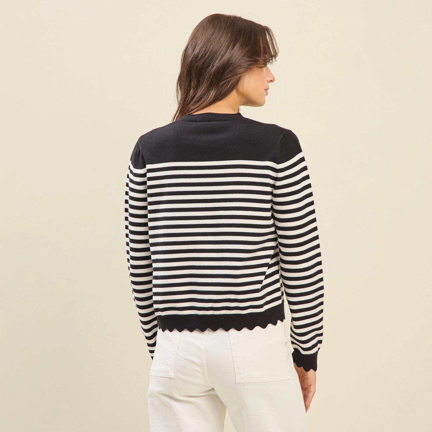 Black & White Striped Scalloped Edge Cardigan