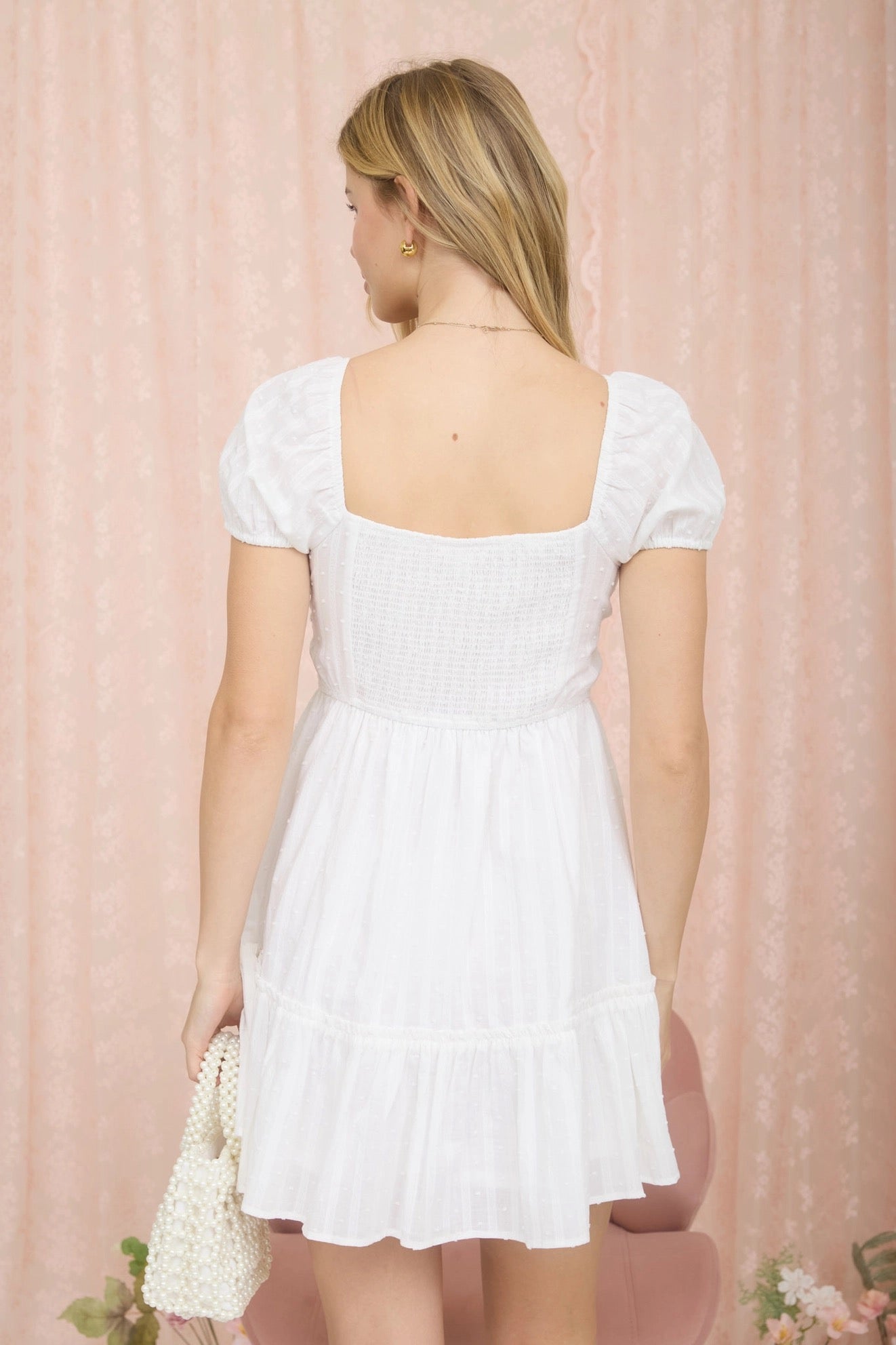 White Striped Puff Sleeve Mini Dress