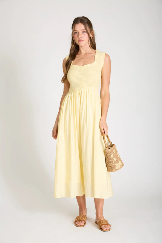 Yellow Sweetheart Smocked Button Midi Dress