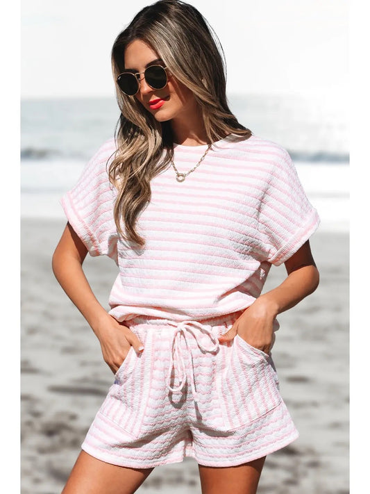 Pink Striped Knitted Short Set