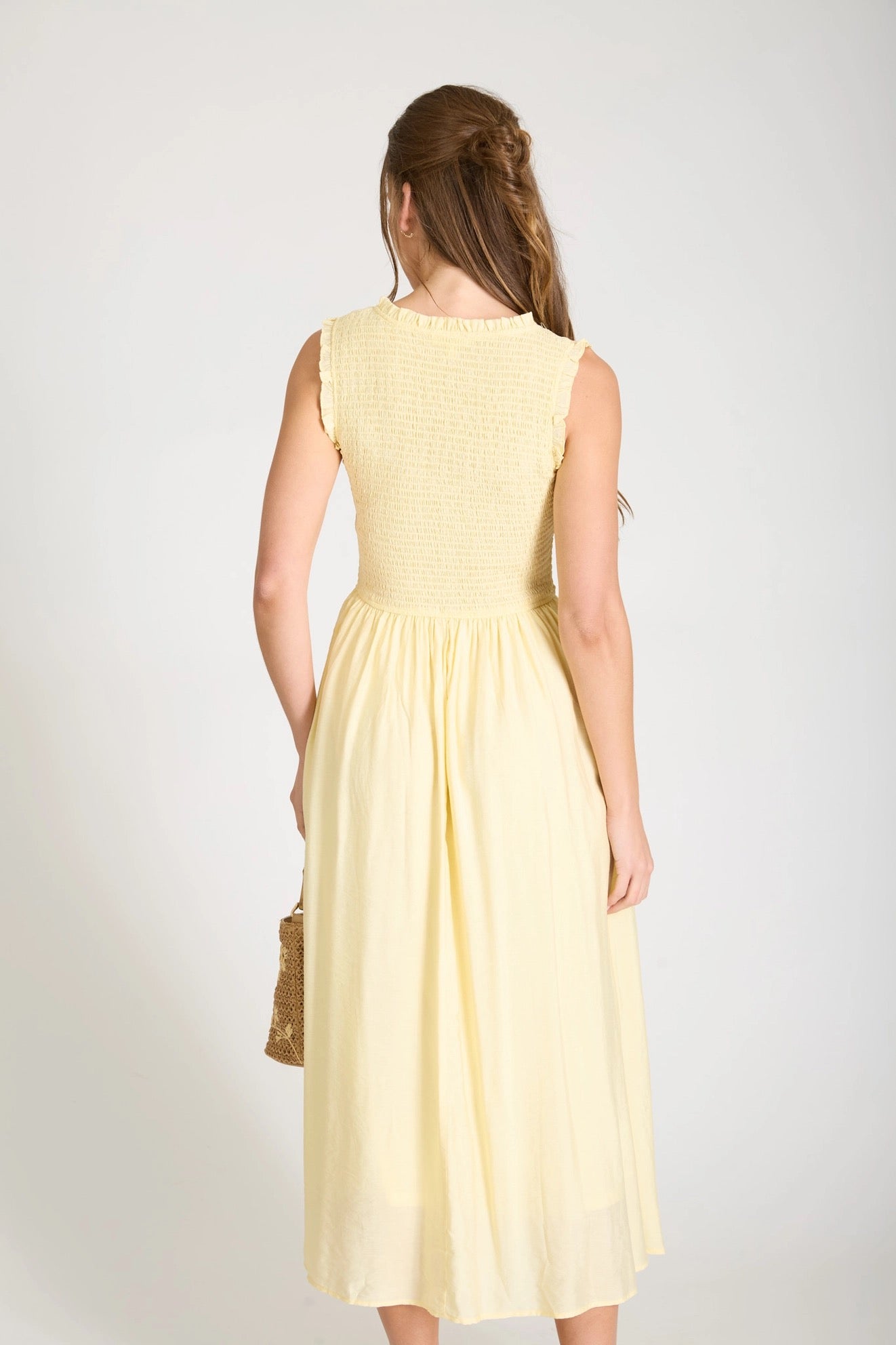 Yellow Sweetheart Smocked Button Midi Dress