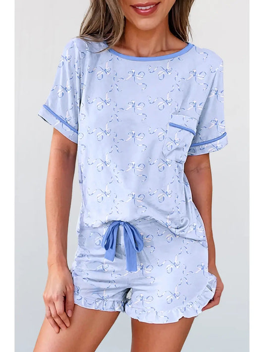 Blue Bow Waves Printed Lounge Short Set