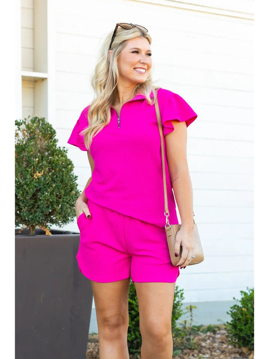 Hot Pink Knit Quarter Zip 2 Piece Set