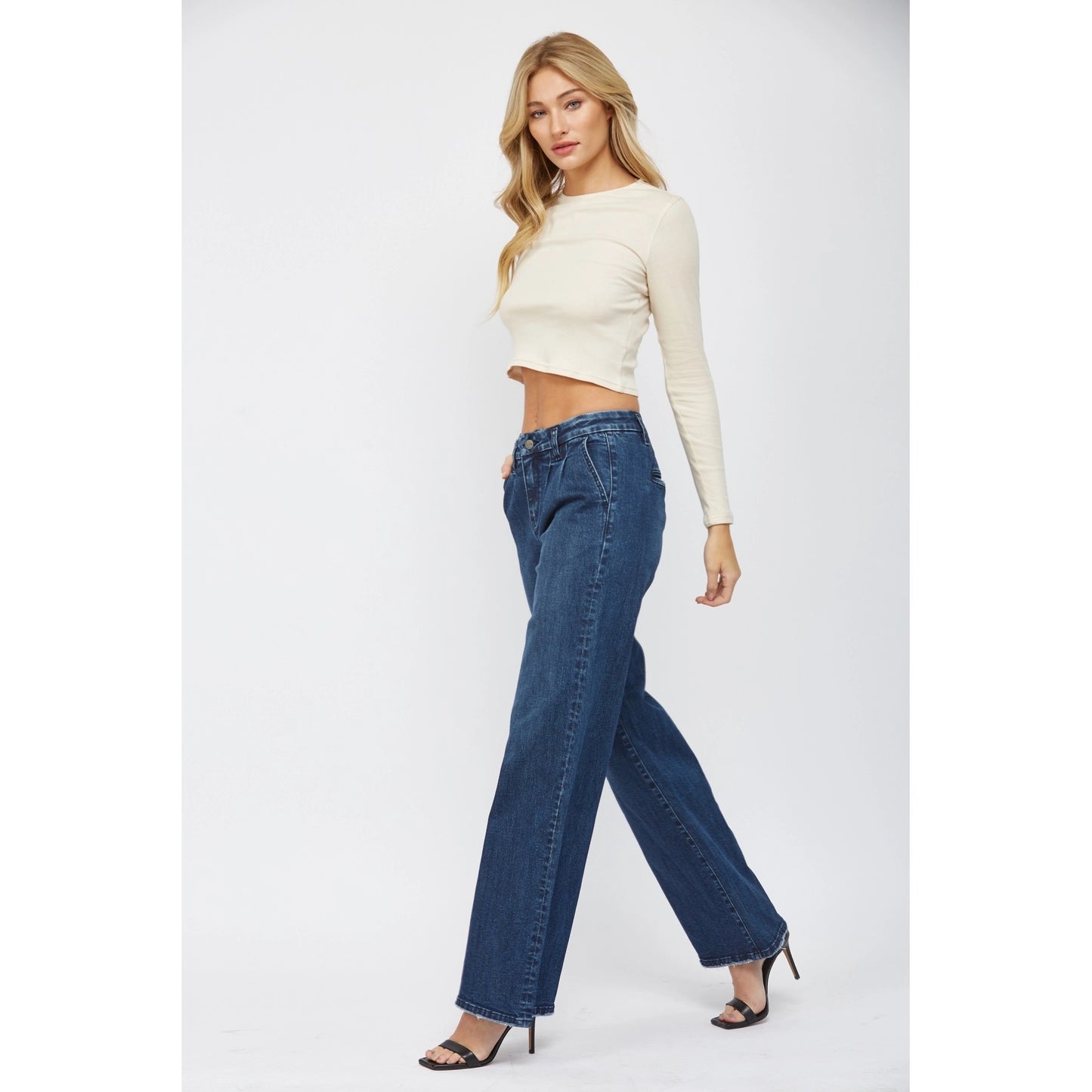 Mica Dark Wash High Rise Pleated Wide Leg Jeans