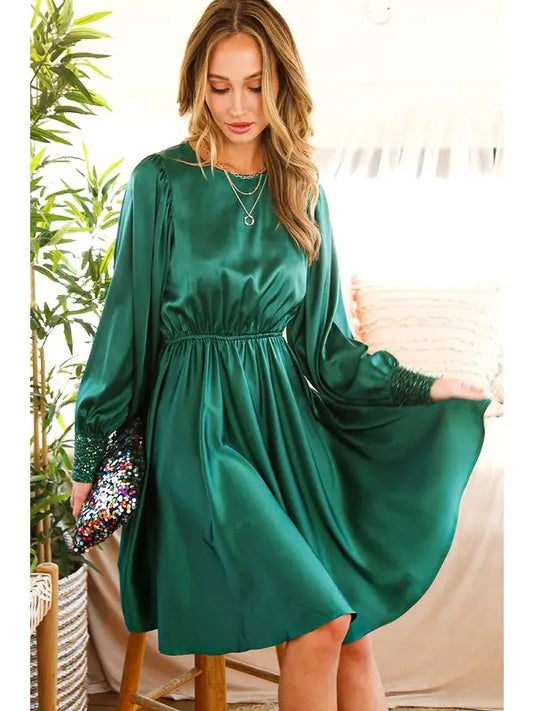 Hunter Green Satin Midi Dress with Puff Sleeve