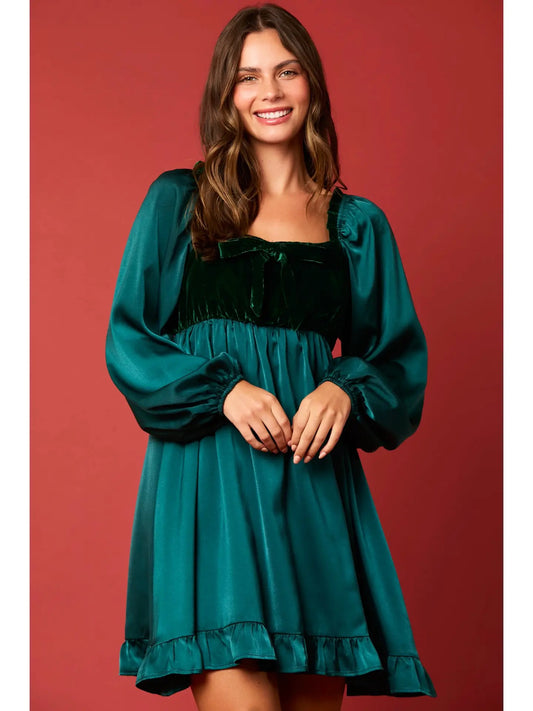 Hunter Green Satin Babydoll Mini Dress