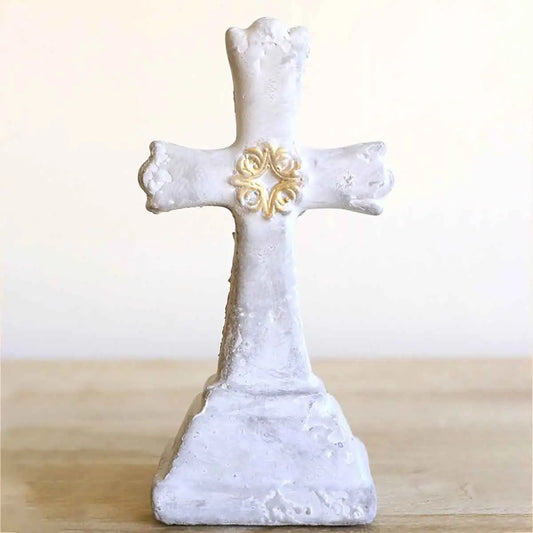 Croix Decor Cross Gray/White/Gold 8.25"