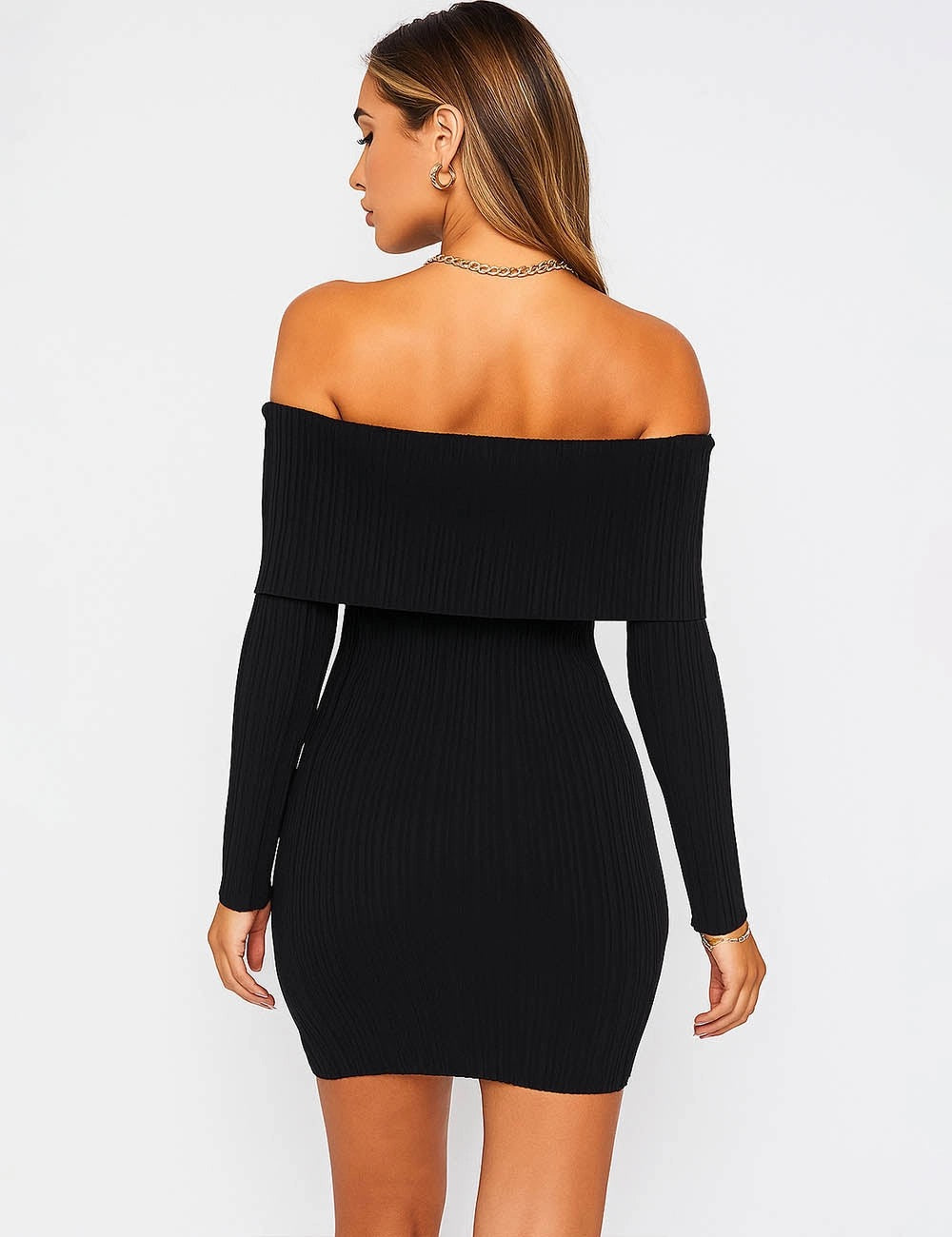 Black Ribbed Off-Shoulder Mini Dress