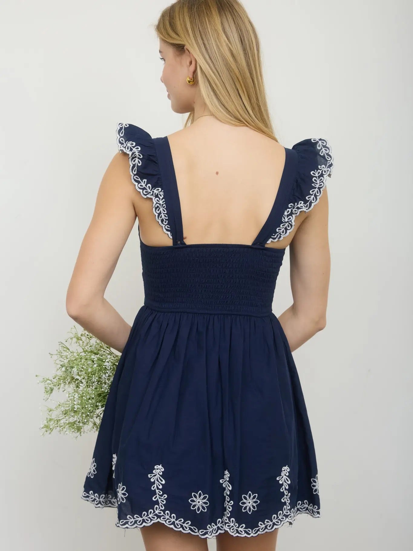 Navy Scalloped Embroidery Trim Mini Dress
