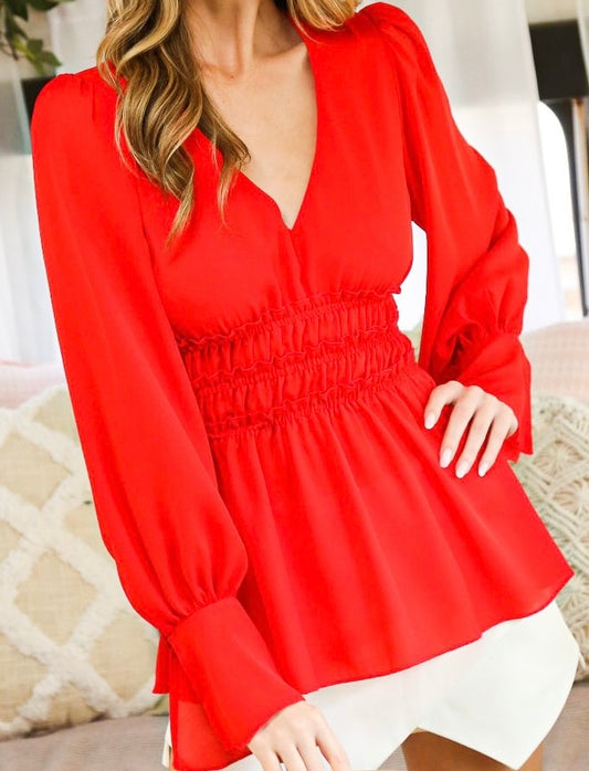 Red V-Neck Smocked Waist Blouse