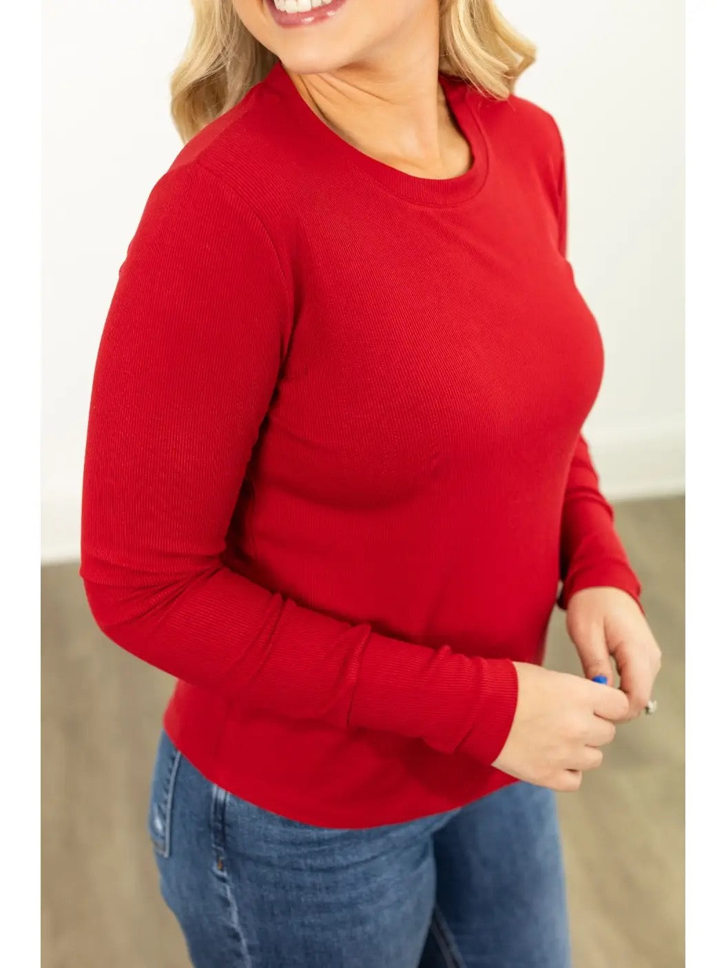Red Ribbed Long Sleeve Top