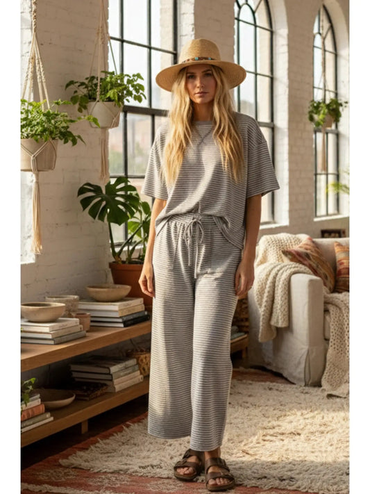 Striped Knit Pant Set - Heather Grey