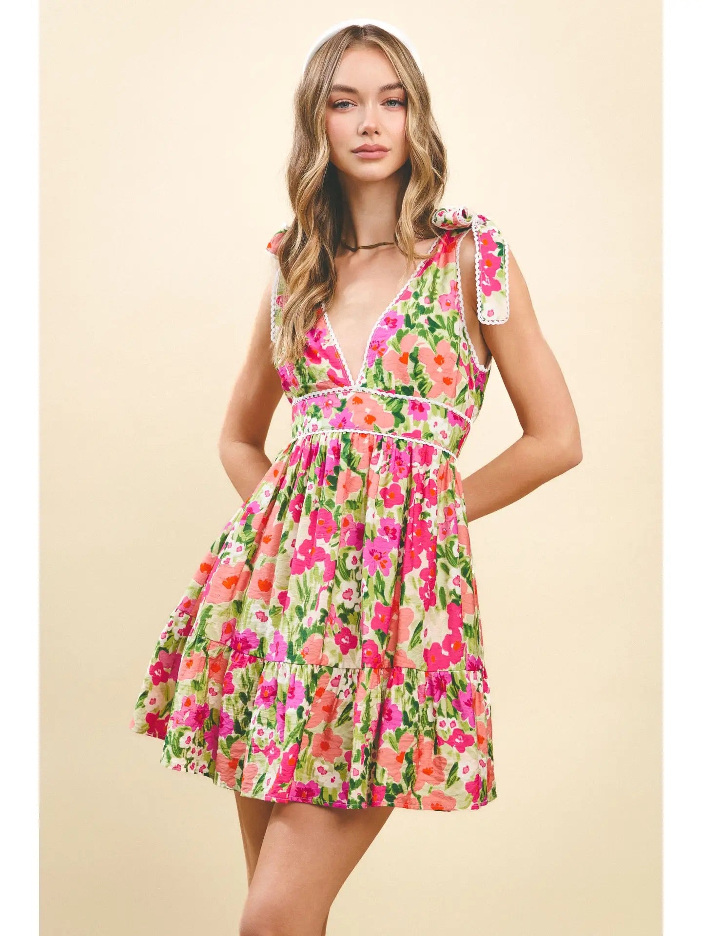 Floral Print Deep V Neck Dress