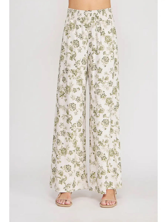 Printed Smocked Waist Wide Leg Pant