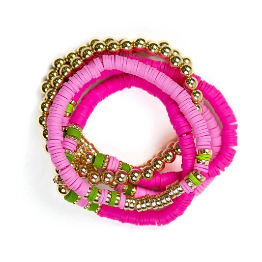 Clay Bead Stack Bracelet Pink/Green/Gold