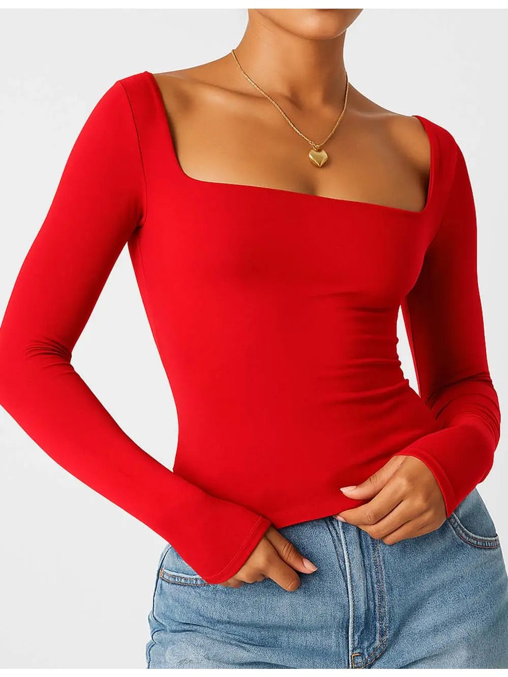 Square Neck Cropped Basic Long Sleeve Tee