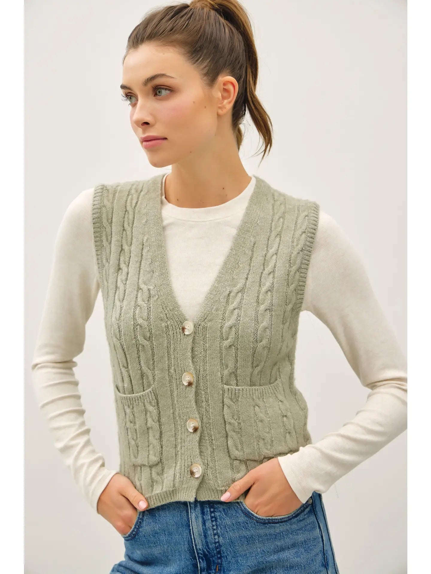 Sage Variety Style Cable Knit Sweater Vest