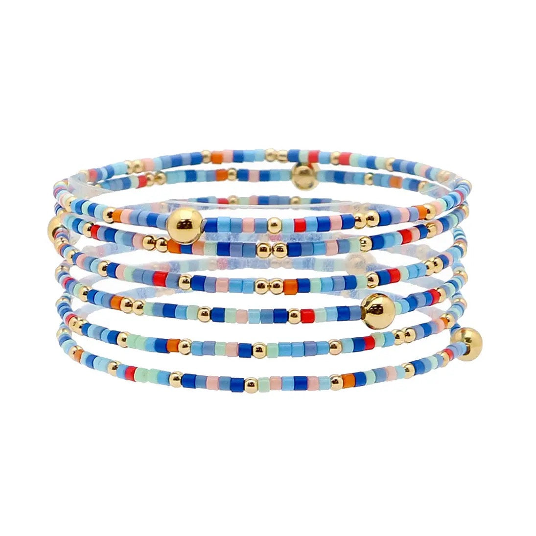 Set of 6 Blue Seed Bead & Gold Stretch Bracelets