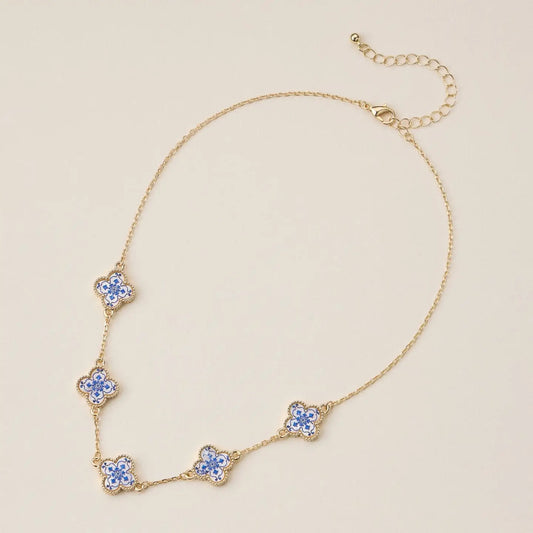 Blue Floral Mother Of Pearl Necklace