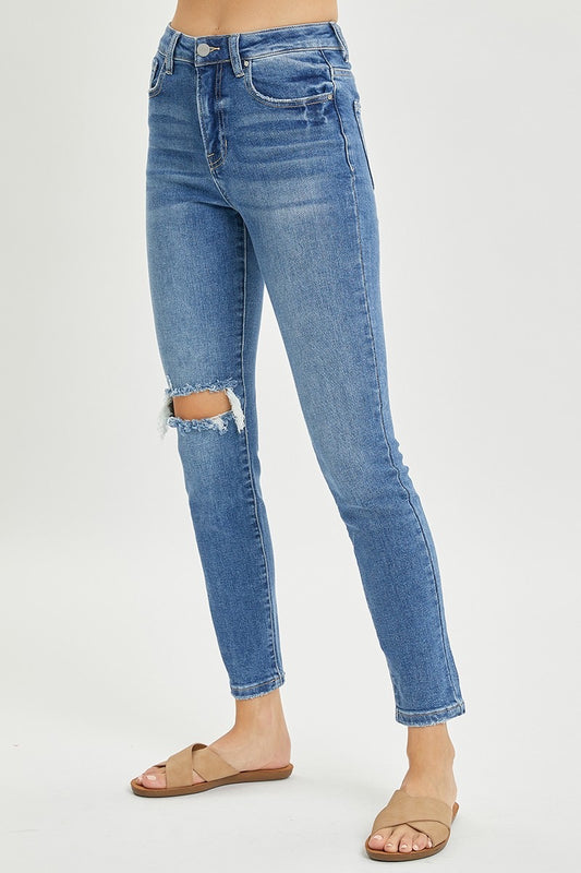 Risen High Rise Ankle Skinny Distressed Knee Jeans