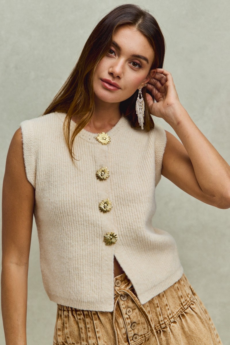 Sweater Vest Top with Gold Floral Buttons