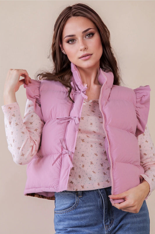 Pink Ruffle Sleeve Puffer Vest
