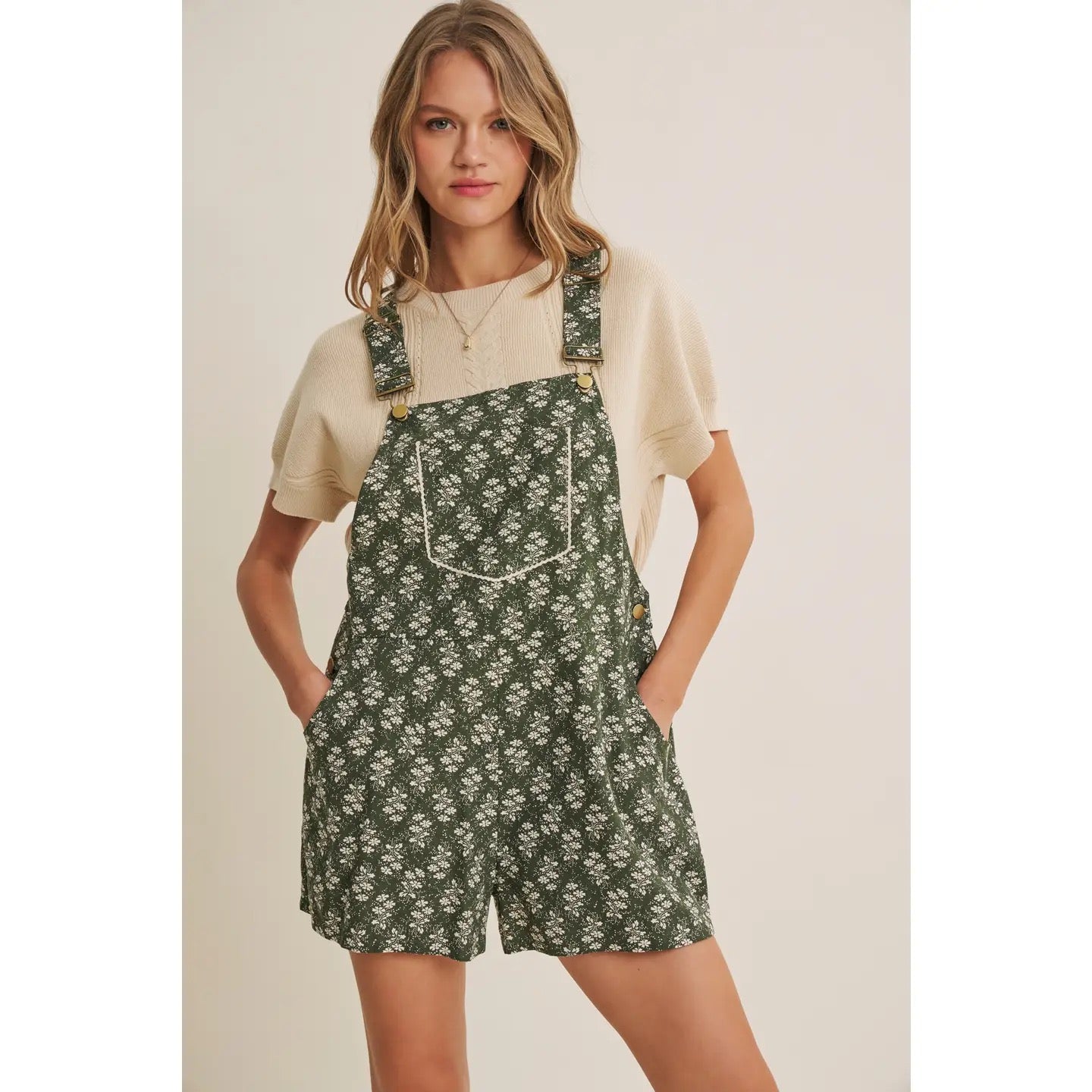 Meadow Bloom Floral Short Overall with Lace Trim Bib Pocket