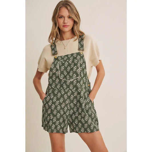 Meadow Bloom Floral Short Overall with Lace Trim Bib Pocket