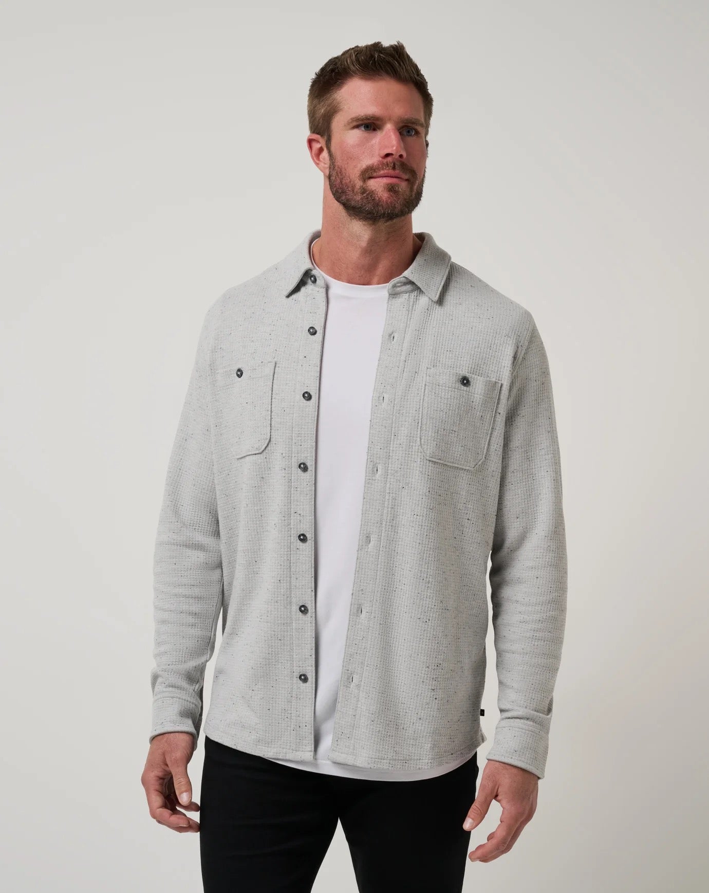 Travis Mathew Cloud Waffle Button Up-Heather Lt Gray
