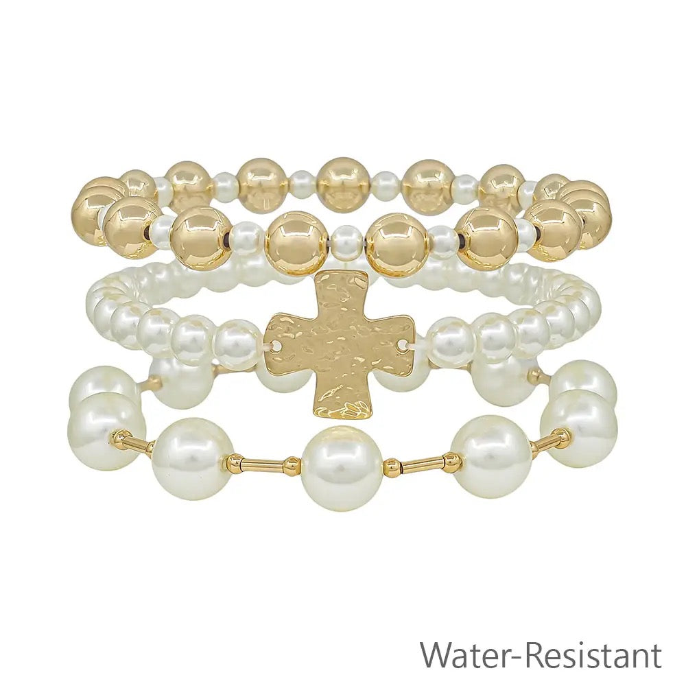 Gold & Pearl Stretch Bracelets with Cross