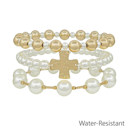 Gold & Pearl Stretch Bracelets with Cross