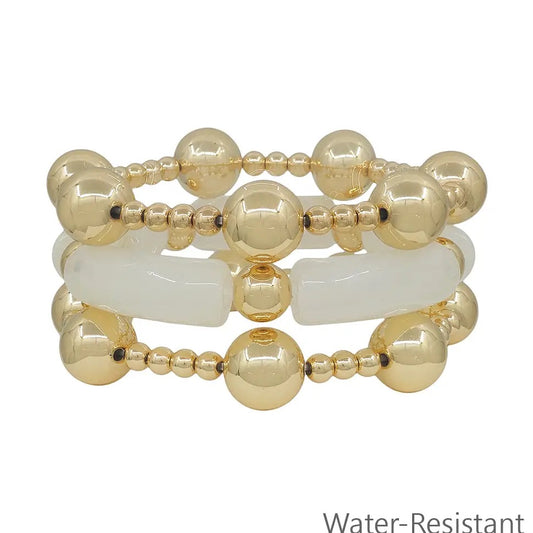 Gold Beaded & White Tube Stretch Bracelet