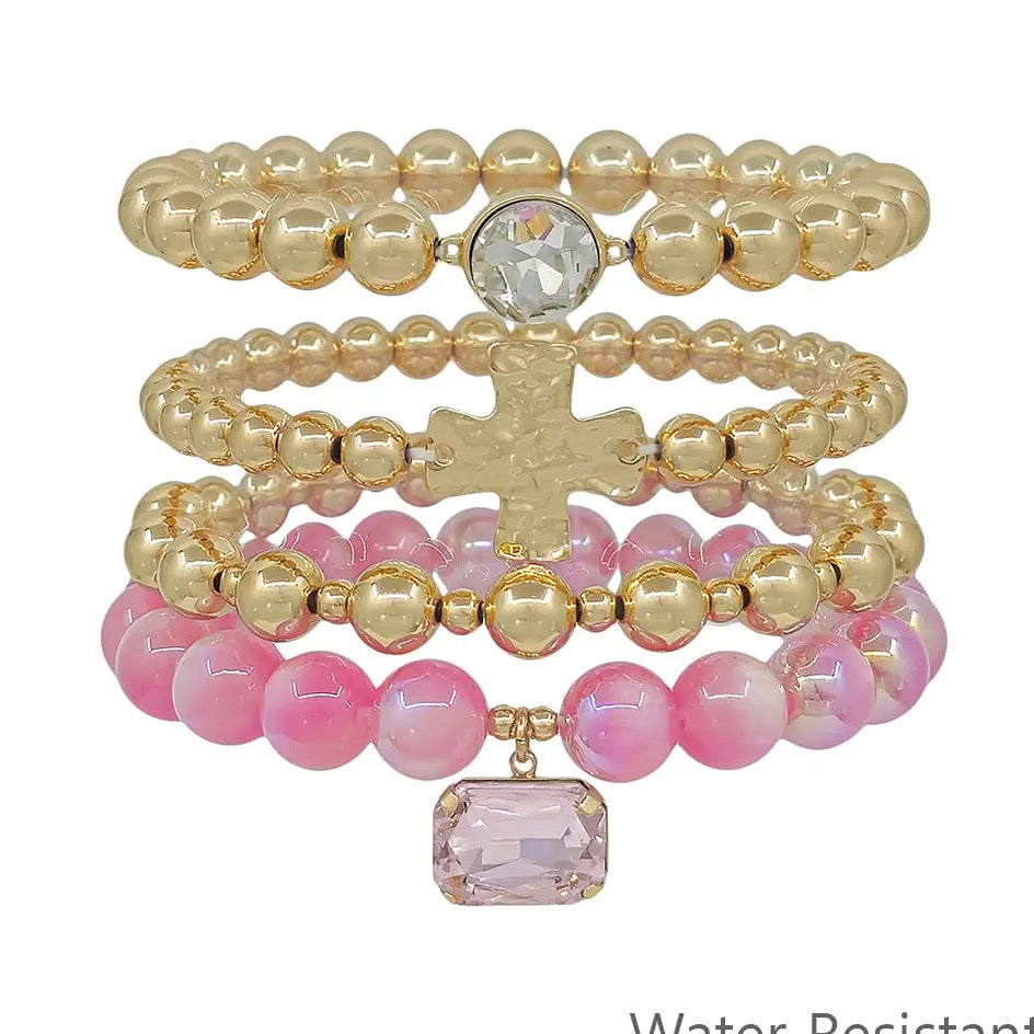 Set of 4 Cross and Pink Beaded Stretch Bracelet