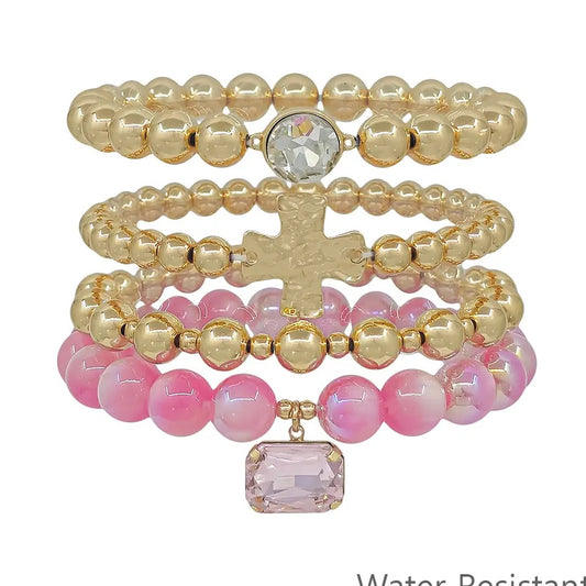 Set of 4 Cross and Pink Beaded Stretch Bracelet