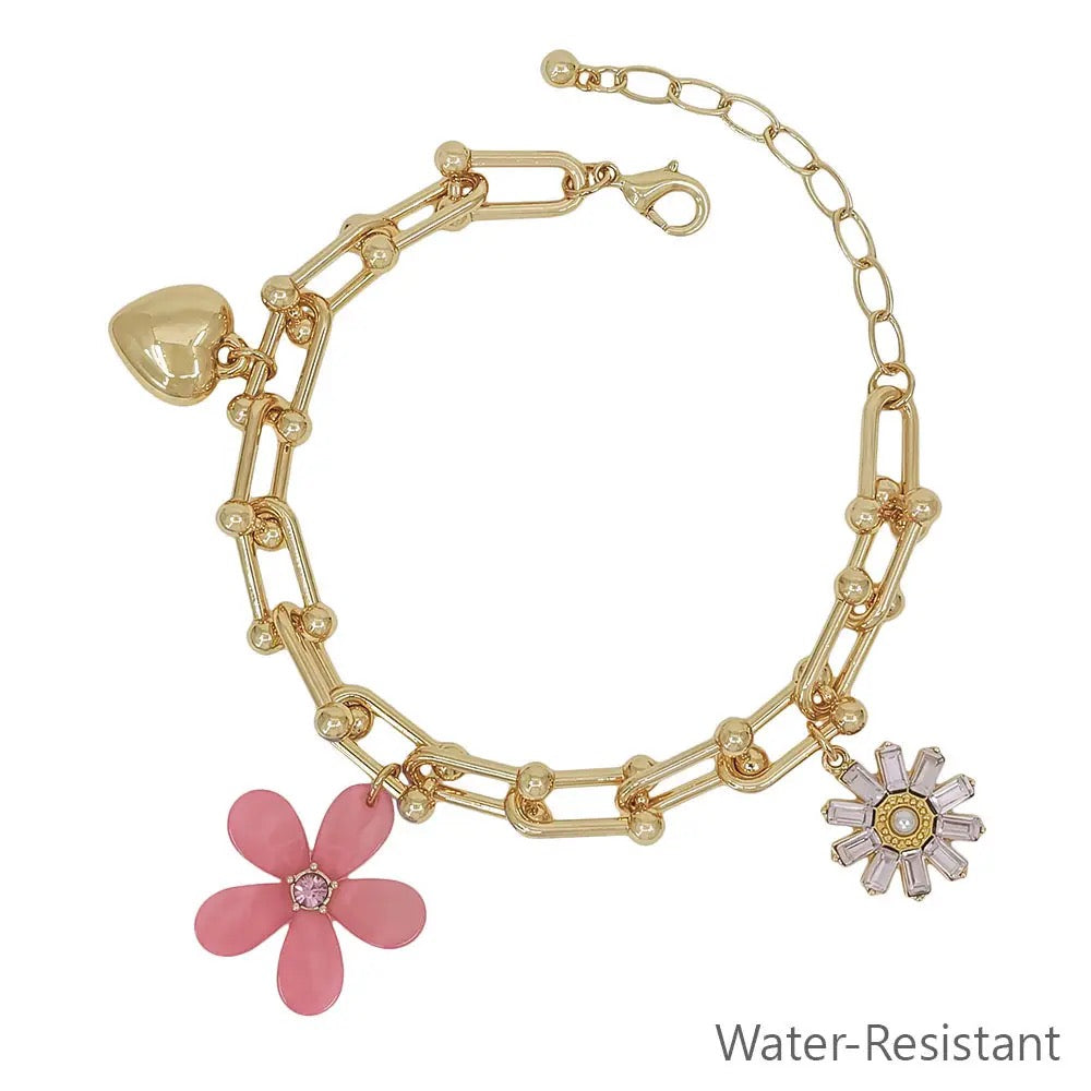 Pink Flower & Heart Charm Gold Chain Bracelet