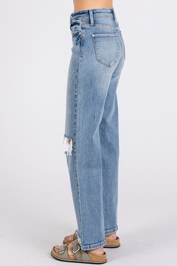Petra High Rise Stretch Slim Wide Leg with Destroyed Hem