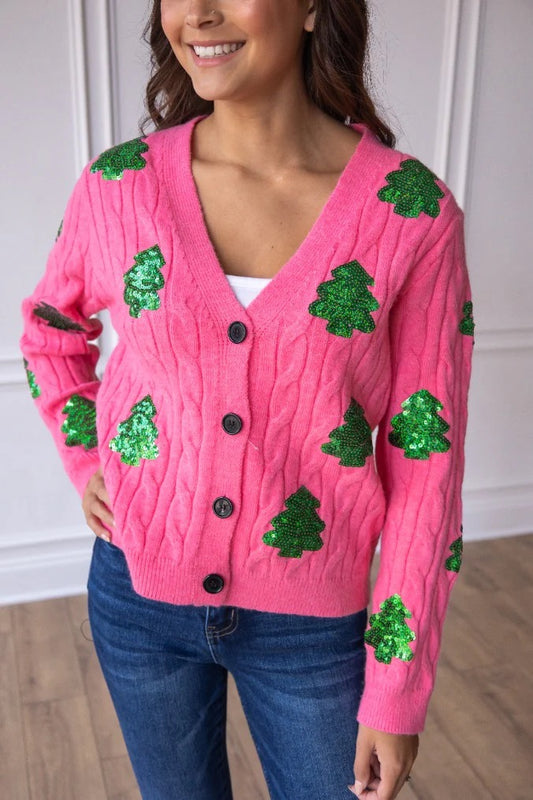 PREORDER - Pink Sequin Christmas Tree Cardigan