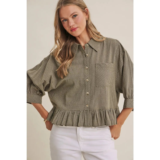 Morning Oat Micro Check Ruffle Hem Button-Down Shirt