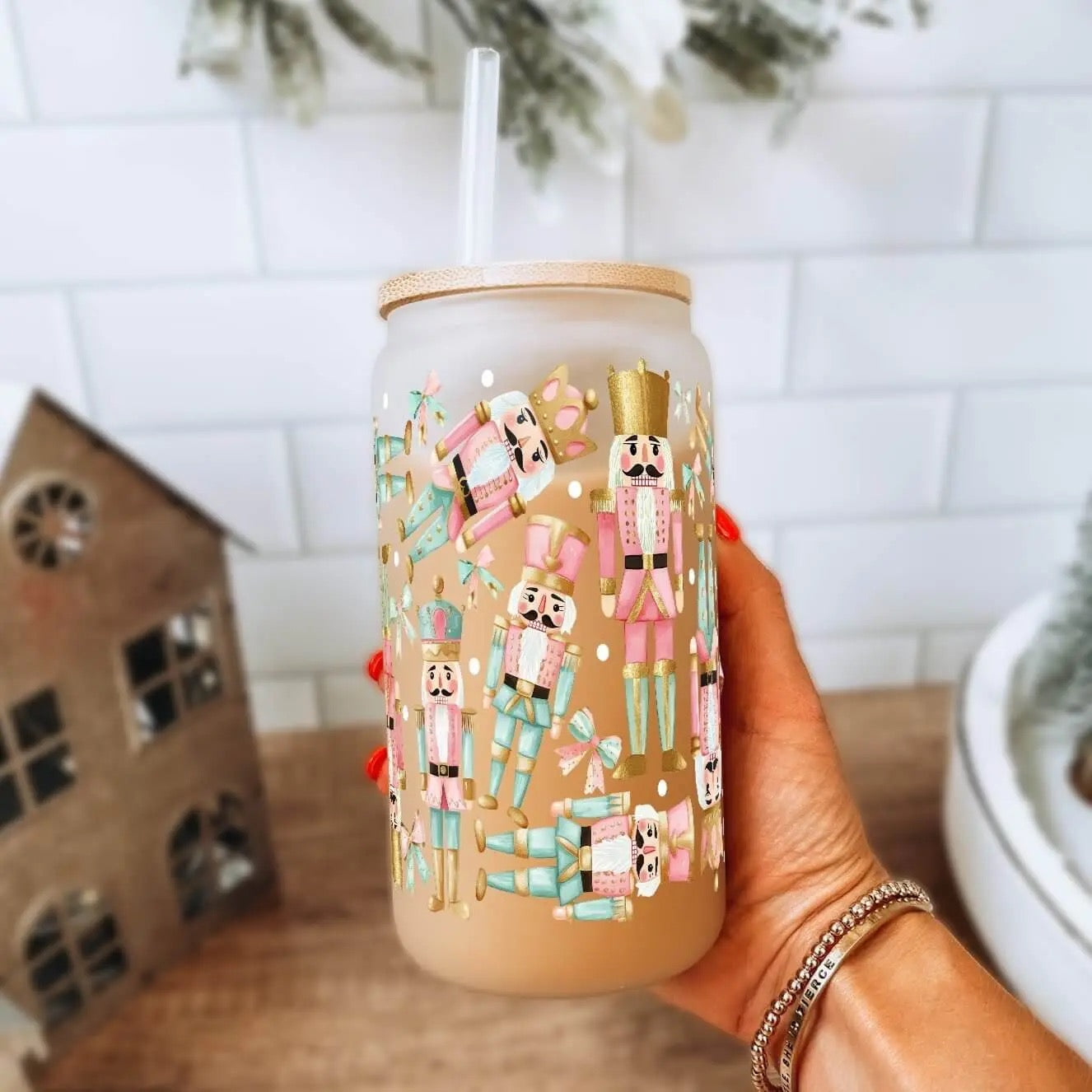 Pink Christmas Nutcracker 17oz Can Cup with Lid