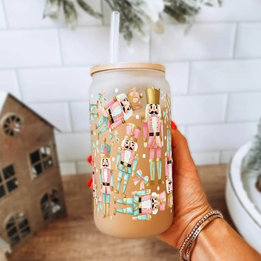 Pink Christmas Nutcracker 17oz Can Cup with Lid