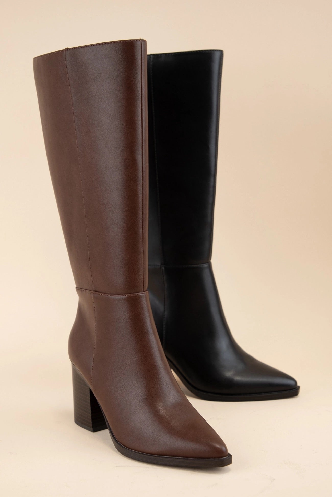 Brown Sleek Pointed Toe Block Heel Tall Boots
